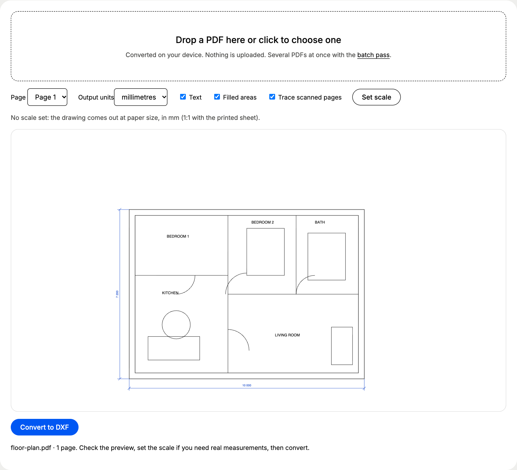 The converter with a 1:50 floor plan PDF loaded: options row with units, text, filled areas and trace scanned pages, and the drawing preview