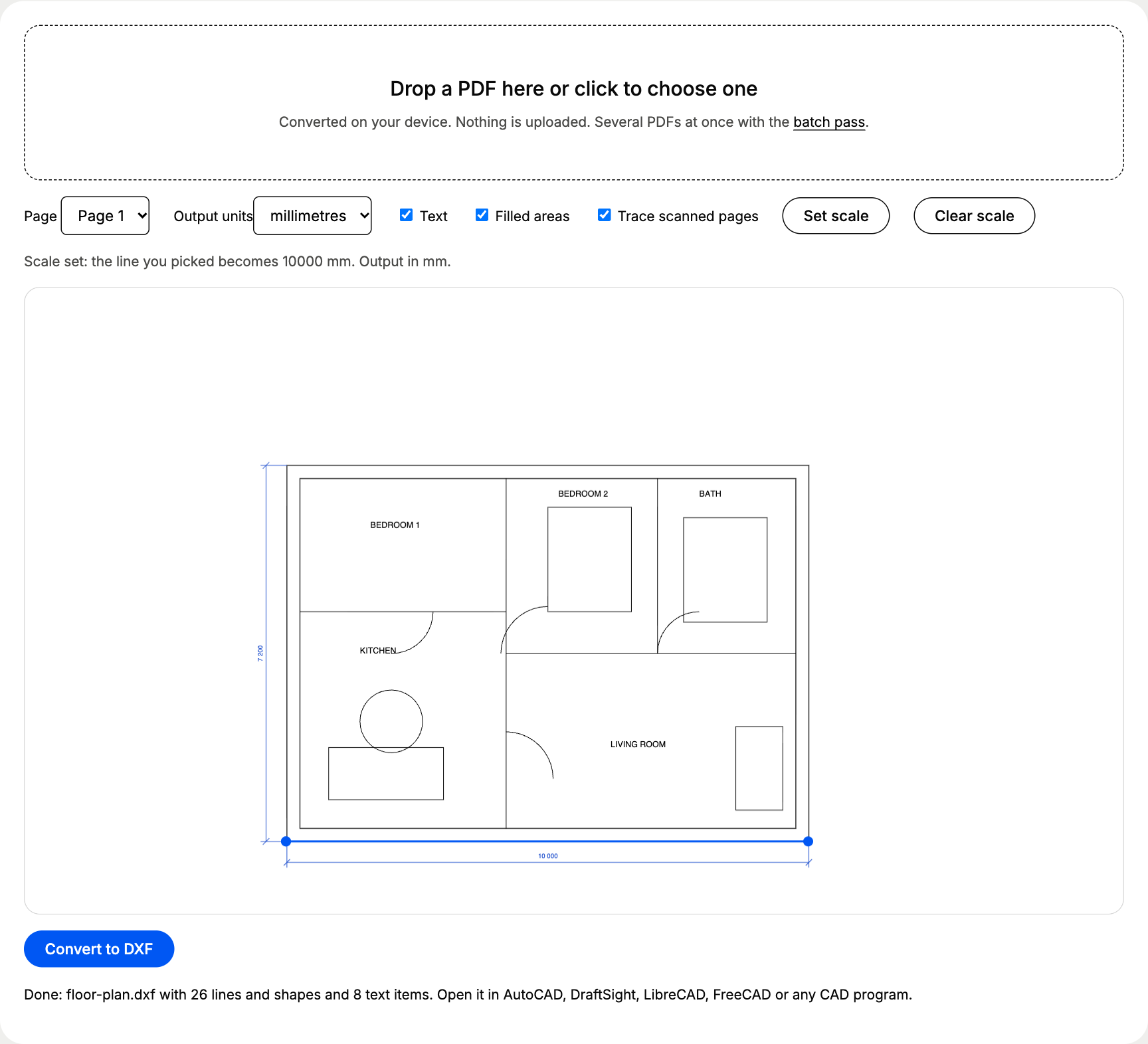 Converter with the floor plan loaded and the scale set: the bottom outer wall is picked with two blue points and the length 10000 mm is applied