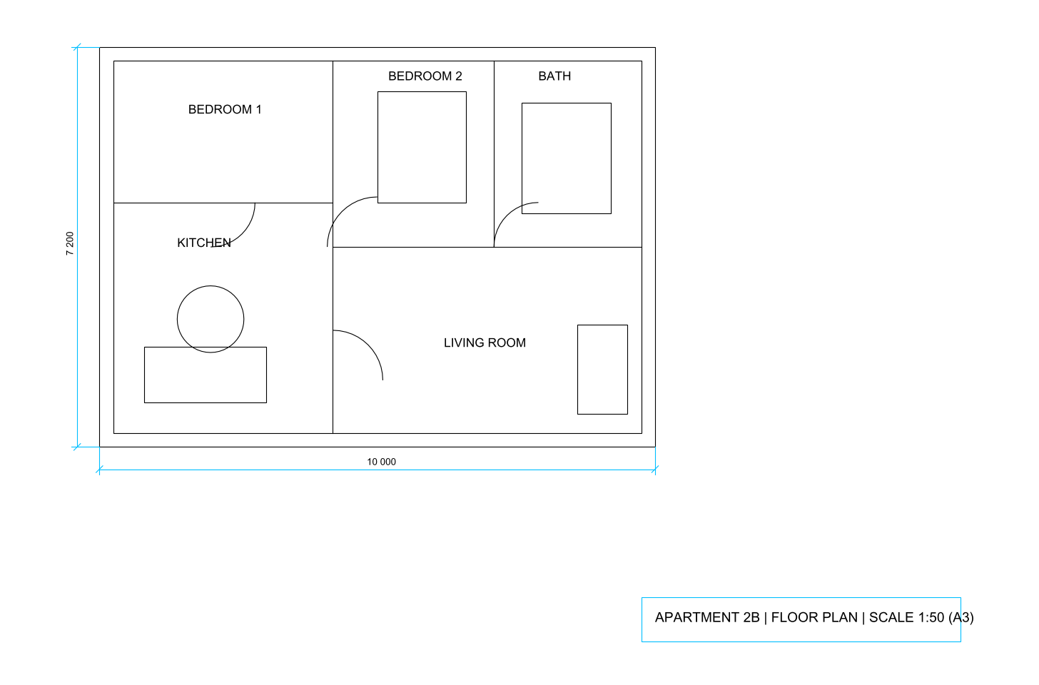 The converted floor plan DXF: outer and inner walls, five rooms with labels, door swings, a table and dimension lines 10 000 and 7 200