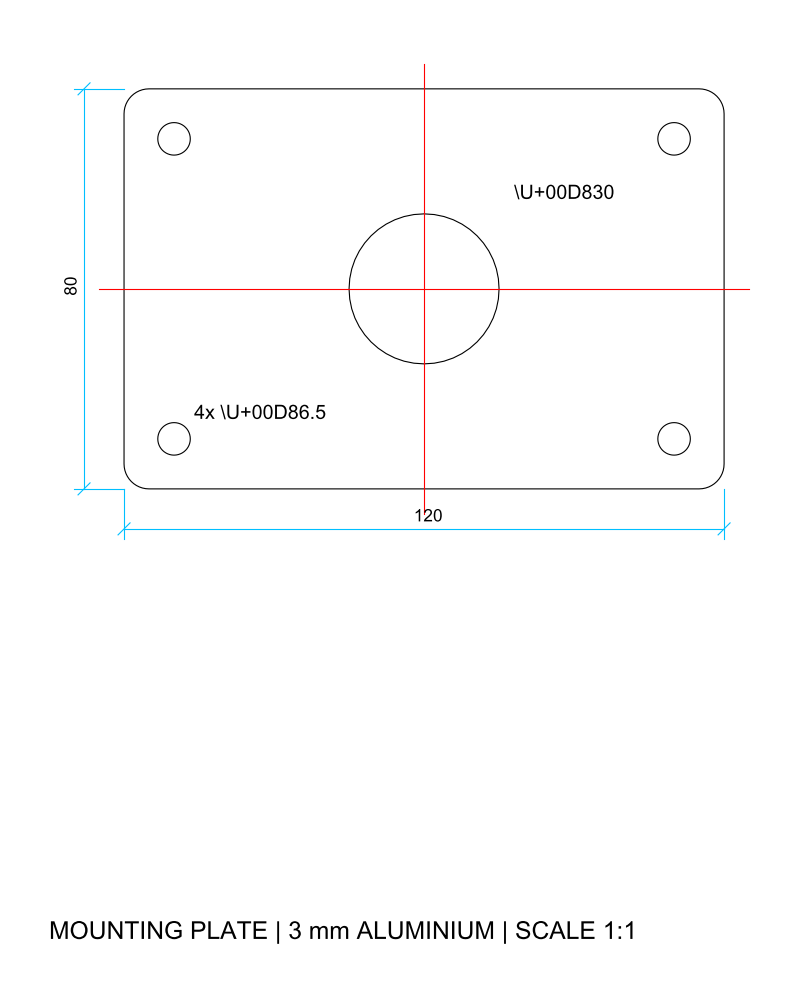 DXF preview of the machined plate test file: rounded rectangle, four small holes and a large bore with red centre lines and blue dimensions