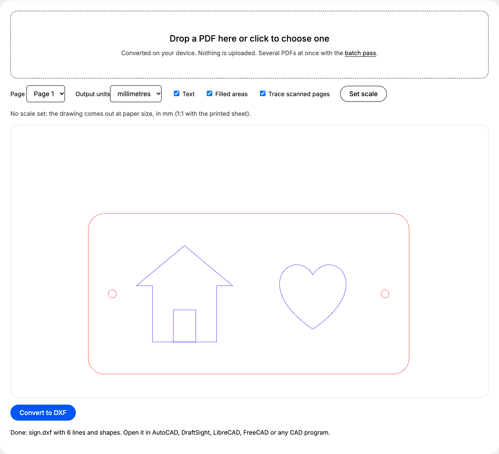 The live converter on 31 October 2026 after converting the laser-cut sign test PDF: rounded outline and two holes in red, house and heart cut-outs in blue, status line saying sign.dxf with 6 lines and shapes