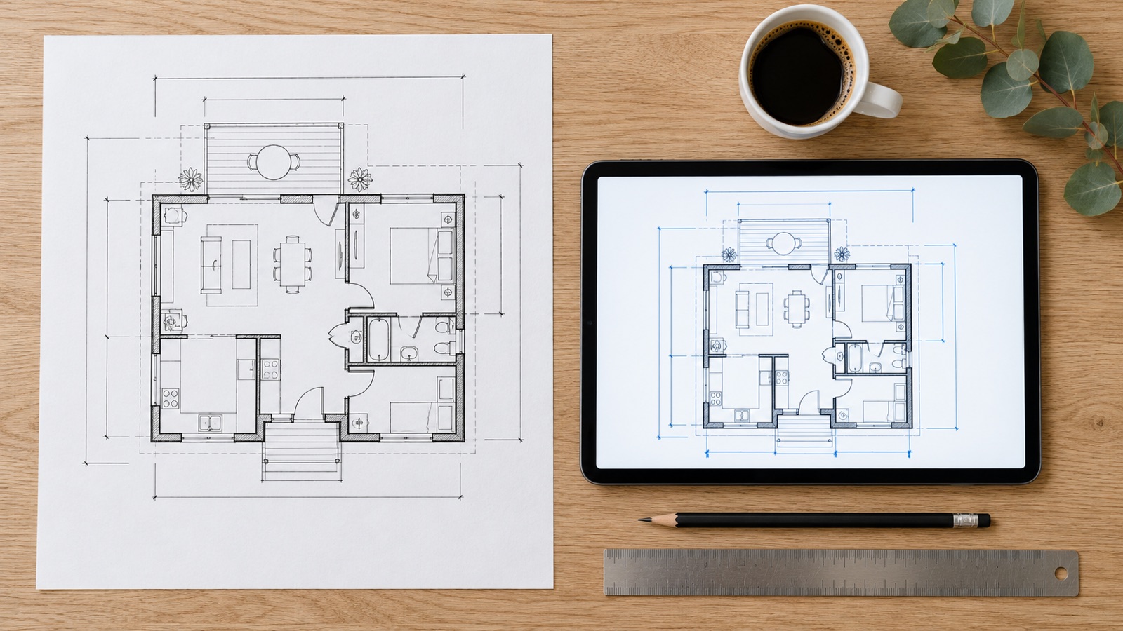 Laptop showing a CAD floor plan next to a printed plan, a pencil and a ruler on an oak desk